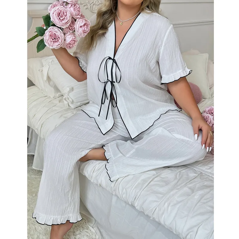 Plus Size Women Loungewear Top And Bottom V-Neck Lace-Up Ruffle Trim White Crinkle Fabric Pajama Set Sleepwear For Summer