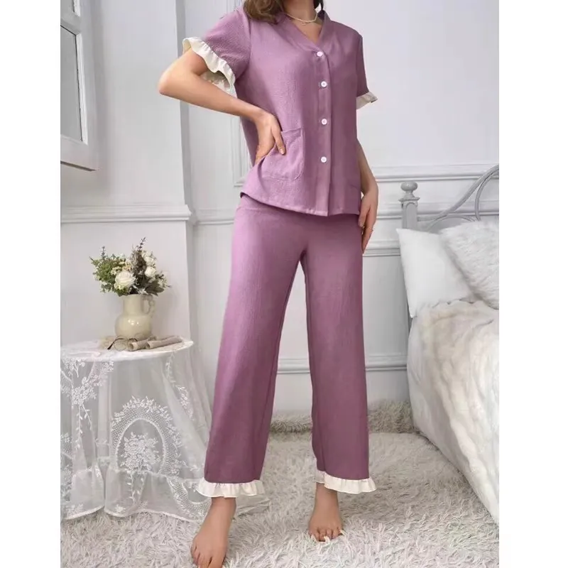 Women V-Neck Ruffle Trim Pajamas Short Sleeve Top And Bottom Casual Soft Button Down Loungewear Sleepwear Homewear For Women