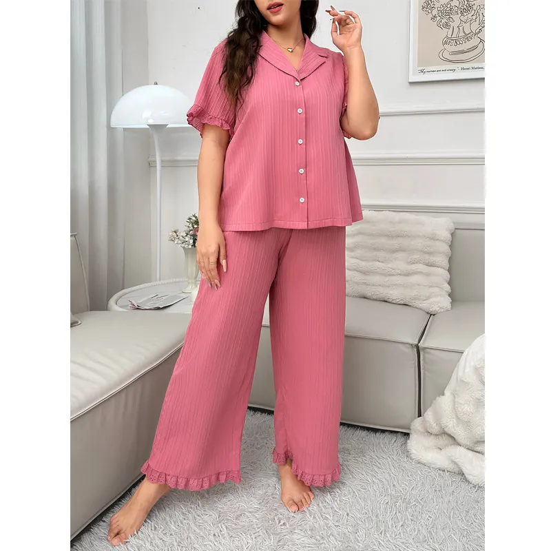 Women Plus Size Loungewear Ribbed Short Sleeve Lapel Top And Long Pants Lace Trim Pajamas Sleepwear Home Wear