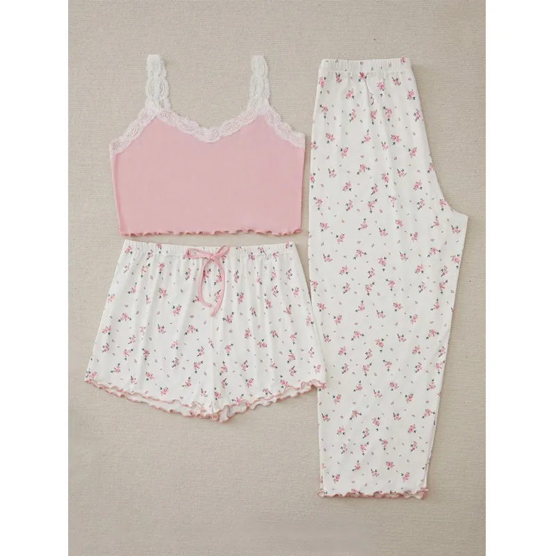 Women Plus Size Pink Floral Ribbed Camisole Lace Trim Top And Shorts And Pants Loungewear Sleepwear Set