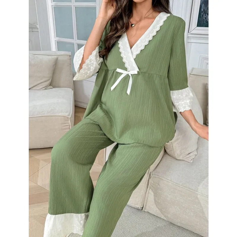 Damen Umstandsschlafanzug Spitzenbesatz V-Ausschnitt Schleife Schlafanzug Avocadogrün Verstellbare Taille Oberteil Und Hose