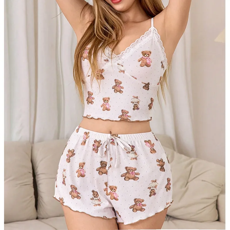 Women Sexy Lace Camisole Pajama Set Summer Cartoon Bear Print Top And Bottom Ribbed Cotton Blend Loungewear