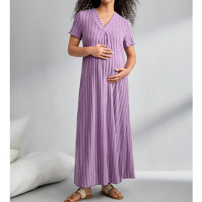 Abito Premaman da Donna Scollo a V in Maglia a Costine Manica Corta Casual Ampio Lunghezza Caviglia Viola Abbigliamento Casa Gravidanza