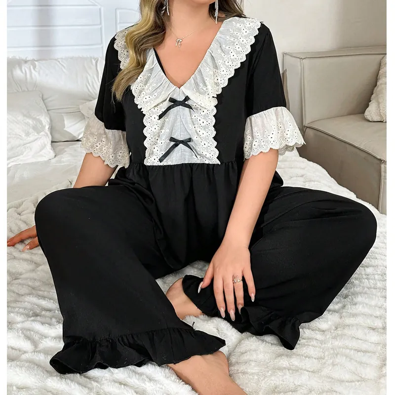 Vêtements de Nuit Grande Taille Femme Dentelle Col en V Top Manches Courtes et Pantalon Long Noir avec Nœud Volants Doux