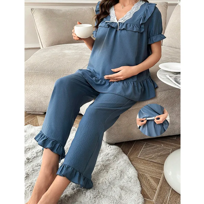 Pyjama de Maternité pour Femmes Col en V Dentelle Ourlet à Volants Haut à Manches Courtes et Pantalon Long Homewear