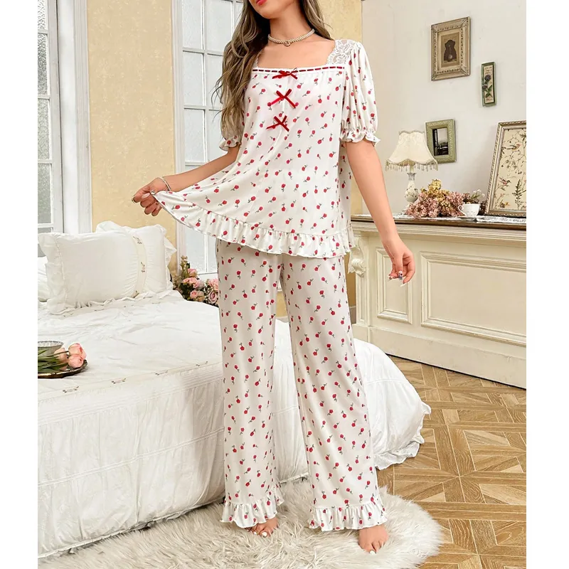 Women Floral Pajama Set Square Neck Lace Ribbon Bow Decoration Sweet Loungewear Printed Home Wear Top And Bottom