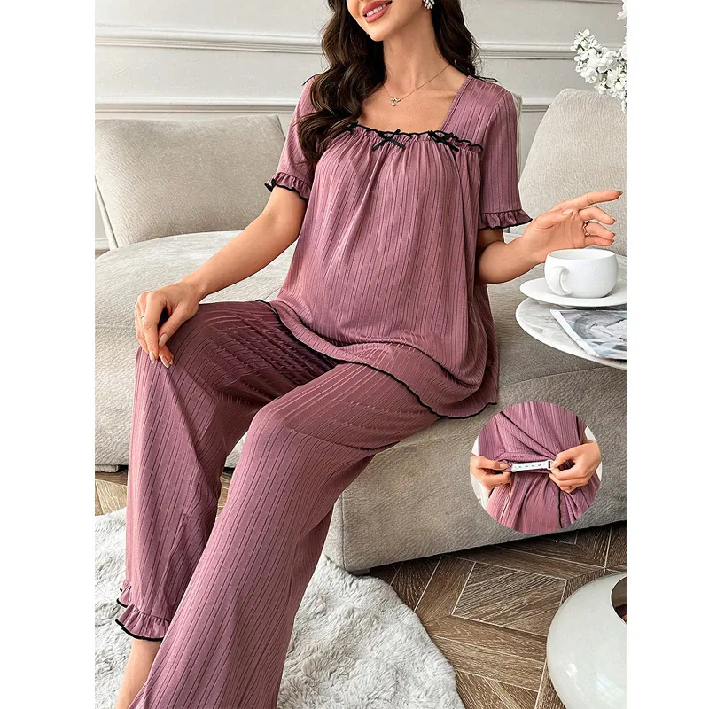 Pyjama de Maternité Doux pour Femmes en Tricot Nervuré Haut à Manches Courtes Col Carré Et Pantalon Long Mauve