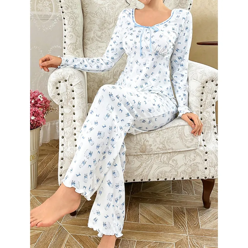 Damen Süße Pyjama Mit Blumenmuster Geripptes Langarm Oberteil Und Hose Lounge Wear Blauem Schleife Und Wellenkante