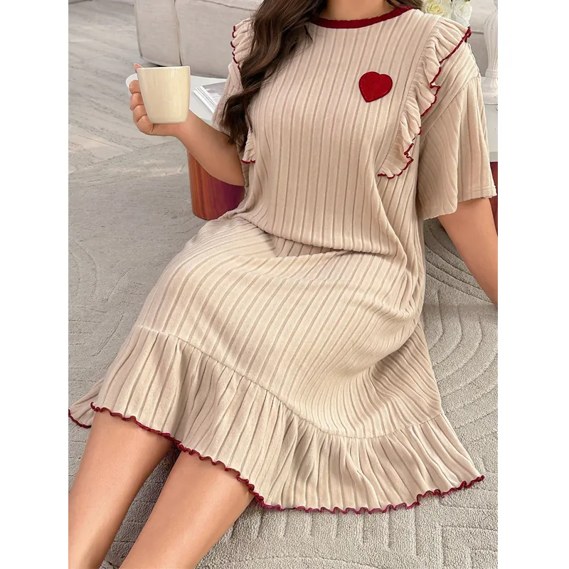Women Plus Size Rib-Knit Nightdress Heart Patch Ruffle Hem Short Sleeve Loungewear Cotton Blend Sleepwear Home Dress