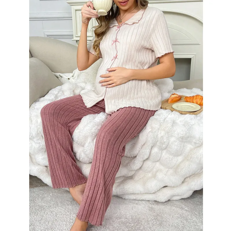 Western Style Ribbed Knit Maternity Loungewear Set Lapel Short Sleeve Top And Long Pants Striped Bow Detail Sleepwear For Pregnant Women