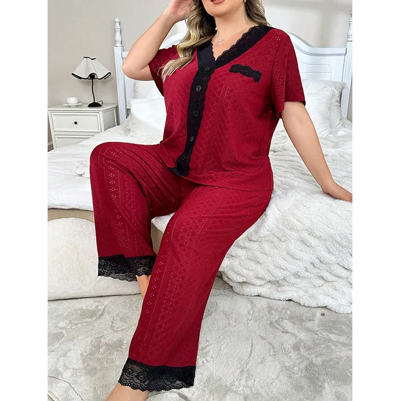 Pyjama Grande Taille pour Femmes Dentelle Col en V Haut à Manches Courtes et Pantalon Long Vêtements de Nuit Décontractés