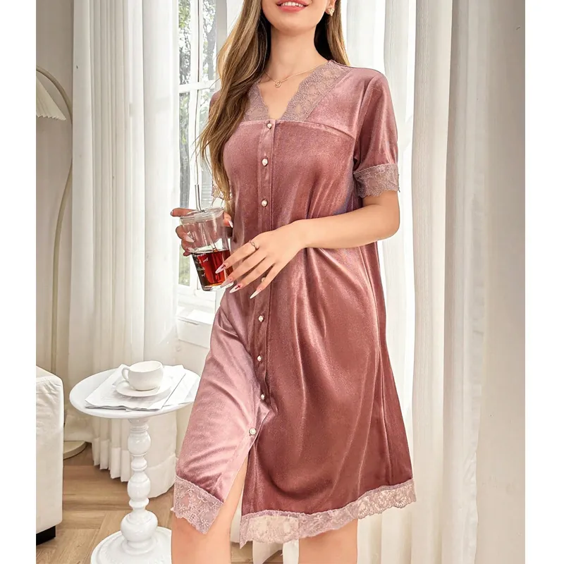 Women Sweet Lace Velvet Nightdress V Neck Short Sleeve Button Down Loungewear Elegant Soft Gold Velvet Sleepwear Home Dress