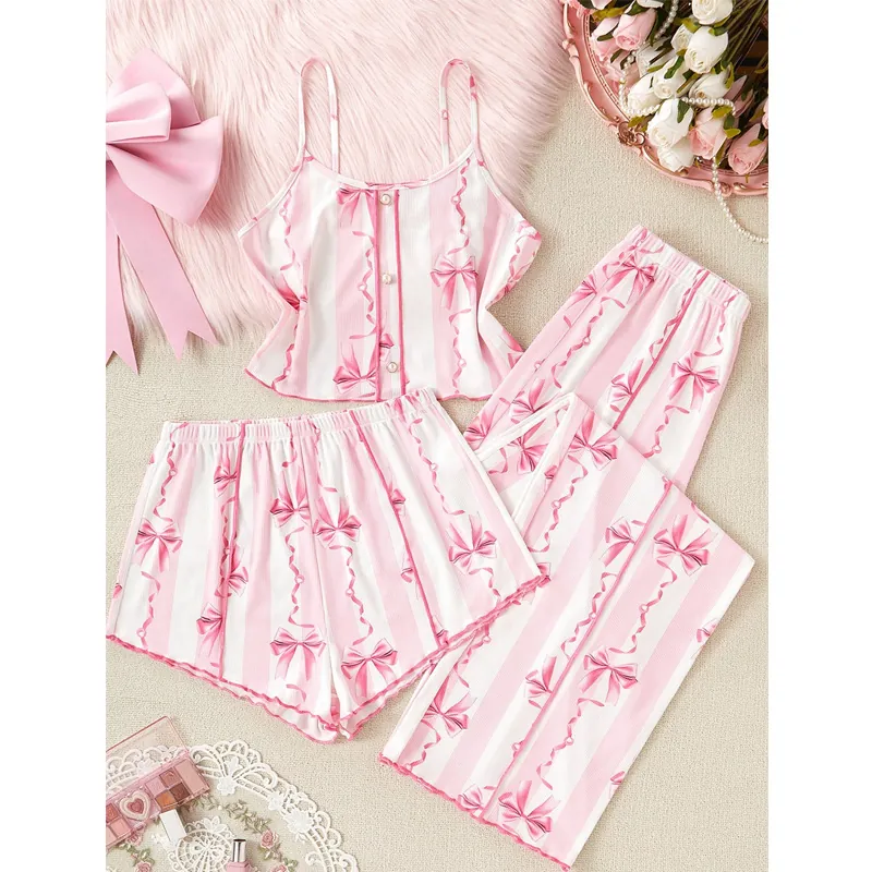 Vêtements de Détente Camisole Short Et Pantalon Doux Femme Rayures Verticales Rose Blanc Imprimé Nœud Tricot Côtelé Maison