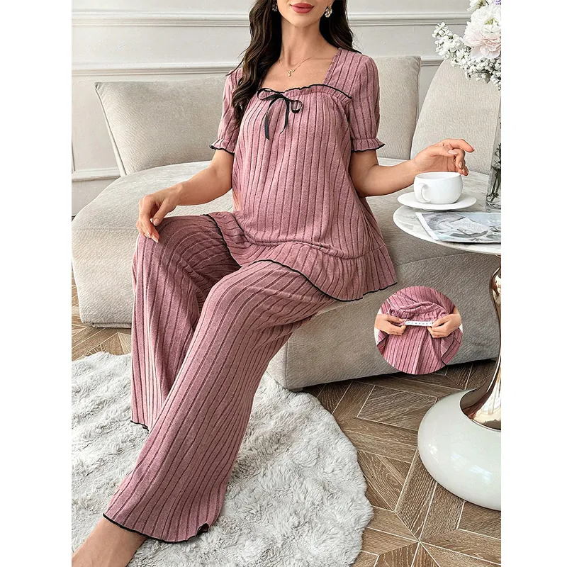 Women Maternity Loungewear Knit Cotton Square Neck Short Sleeve Ribbed Top And Bottom Contrast Ruffle Trim Comfort Pajamas With Bow Decor