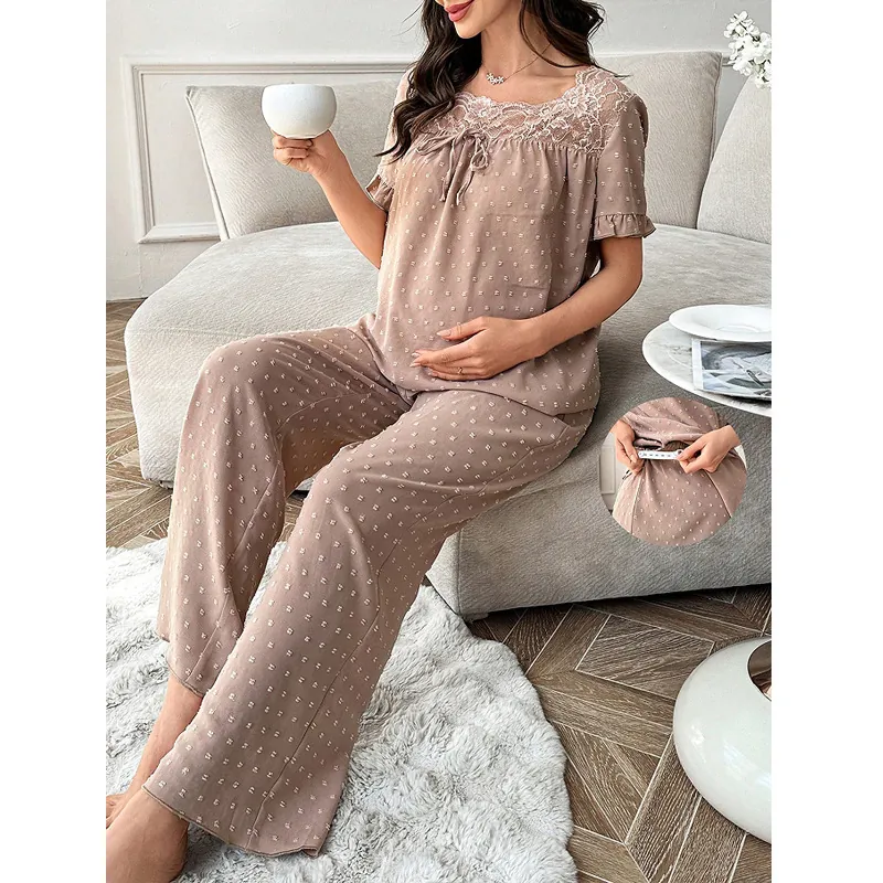 Vêtements de Nuit Maternité Top Manches Courtes Point d'Esprit et Pantalon Long Large Taille Réglable Col Carré Dentelle pour Femmes