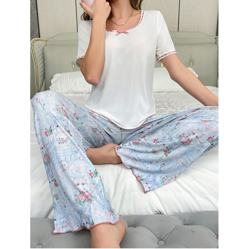 Women Pajama Loungewear Short Sleeve Top And Long Pants Cat Rose Print Lace Bow Casual Sleepwear Comfortable Home Apparel