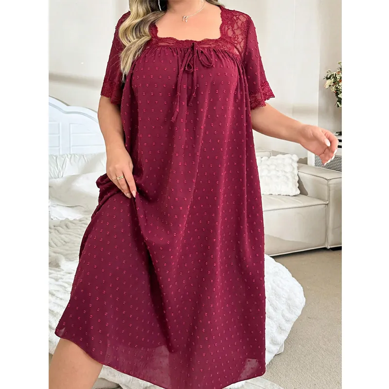 Plus Size Women Nightgown Swiss Dot Lace Stitching Square Neck Bow Sleepwear Burgundy Short Sleeve Home Dress
