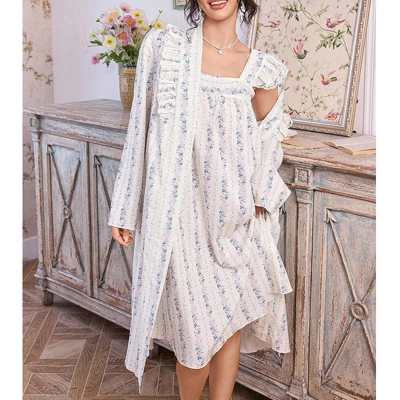Sweet Floral Print Loungewear Top And Bottom Women Cotton Blend Long Sleeve Robe and Sleeveless Square Neck Nightgown