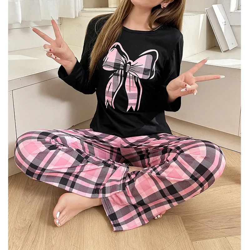 Damen Süß Schleife Druck Schlafanzug Langarm T-Shirt Und Karierte Hose Freizeit Bequem Heimwear Atmungsaktiv Loungewear