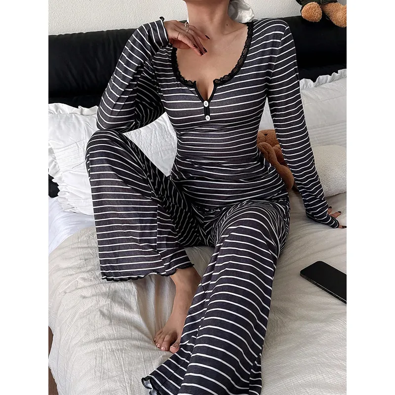 Ensemble de Pyjama Rayé pour Femmes Bordure en Dentelle Manches Longues Top And Bottom Vêtements de Détente Doux Nuit