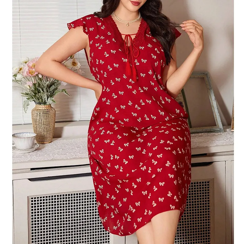 Camicia da Notte Taglie Forti Donna Con Pizzo Scollo a V Rosso Stampa Fiocchi Senza Maniche Loungewear Estivo Notte