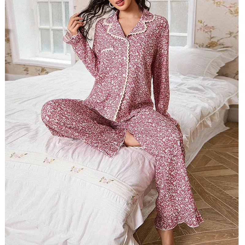 Damen Süßes Florales Schlafanzug-Set Baumwollmischung Langarm Revers Top And Bottom Hochwertiges Spitzenbesatz Home Wear Nachtwäsche