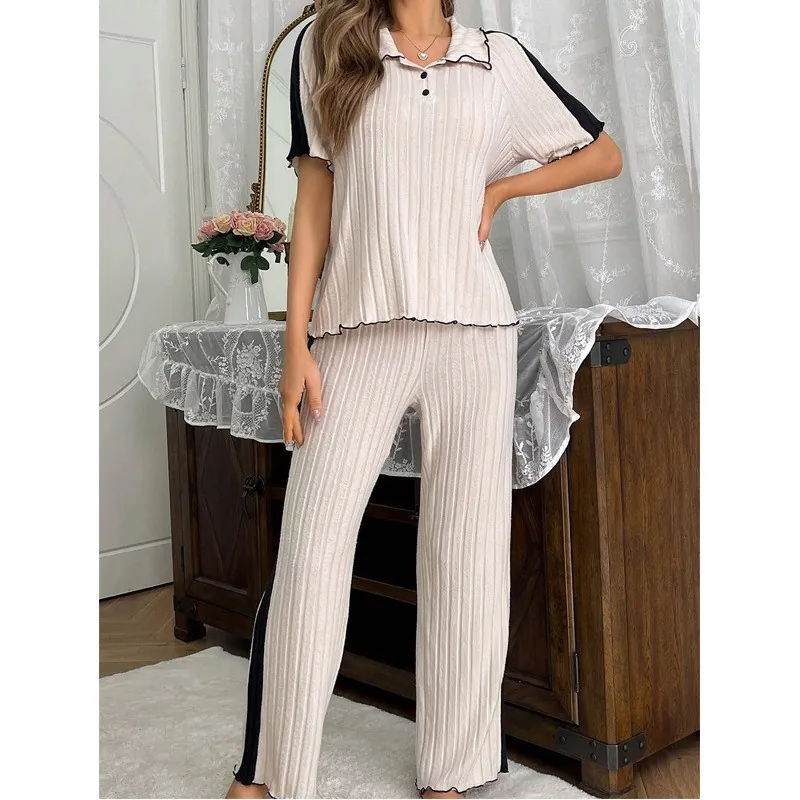 Women Ribbed Contrast Lettuce Edge Pajama Top And Bottom Lapel Short Sleeve Loungewear Color-Block Loungewear Loungewear Set