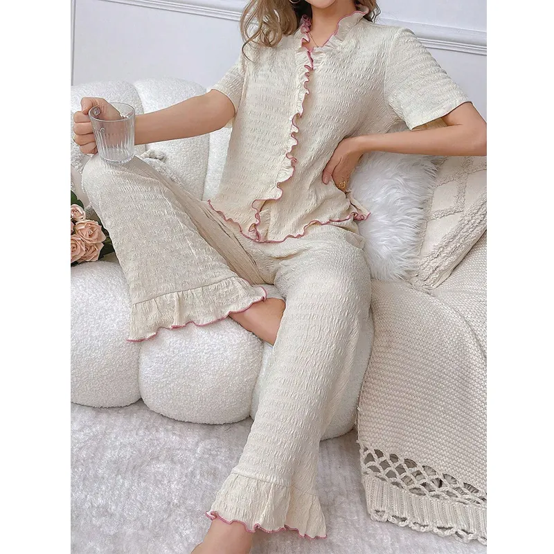 Women Sweet Contrast Lettuce Edge Short Sleeve Pajama Top And Bottom Seersucker Texture Cardigan Loungewear Homewear