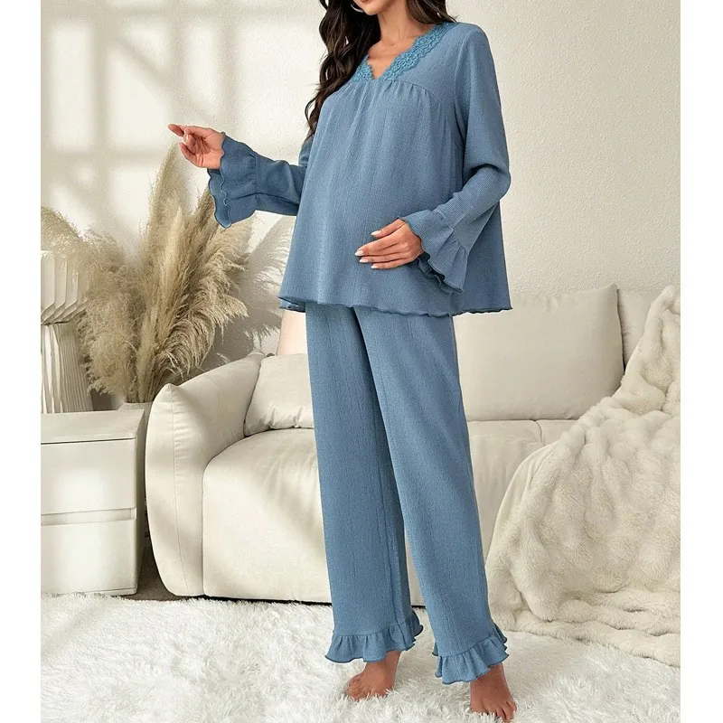 Vêtements de Détente Maternité Pyjama Casual Bordure Dentelle Col en V Haut Manches Longues Et Pantalon Bleu Brume Volant
