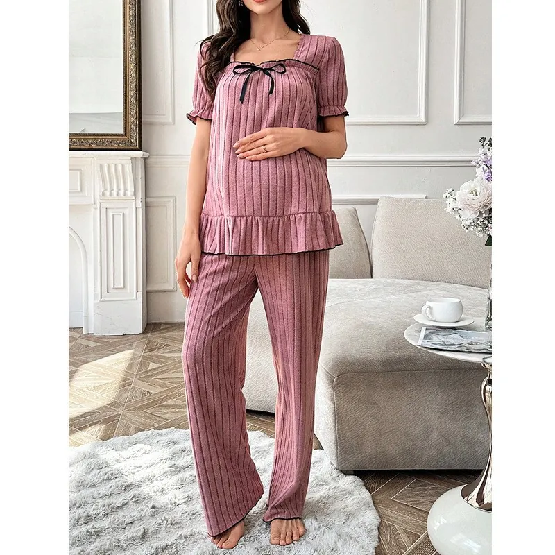 Maternity Pajamas Set Ribbed Knit Square Neck Short Sleeve Top And Bottom With Bow Ruffle Trim Pink Loose Pregnancy Loungewear