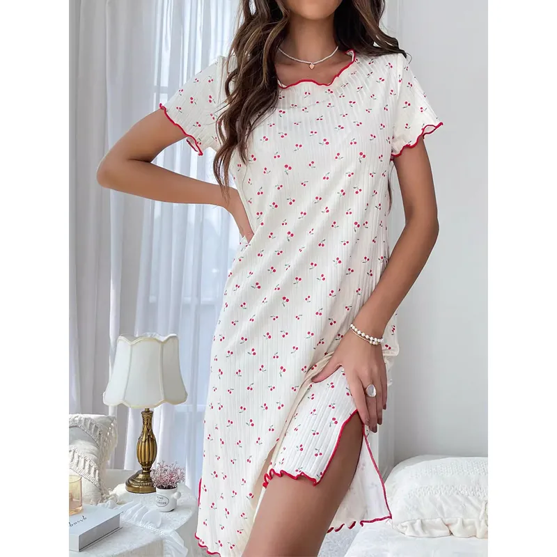 Women's Cherry Print Nightgown Round Neck Short Sleeve Lettuce Edge Sleepwear Slit Hem Ribbed Knit Homewear Dress Beige
