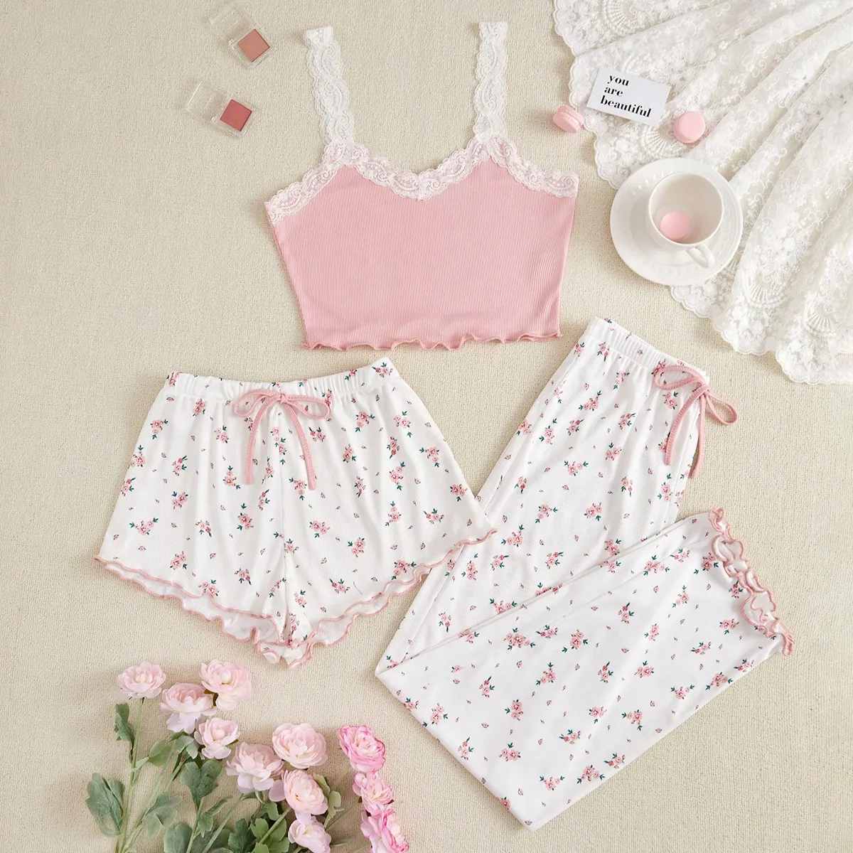 Women's Floral Cami Top And Shorts And Long Pants Ribbed Lace Trim Comfortable Home Sleepwear Pajamas For Summer