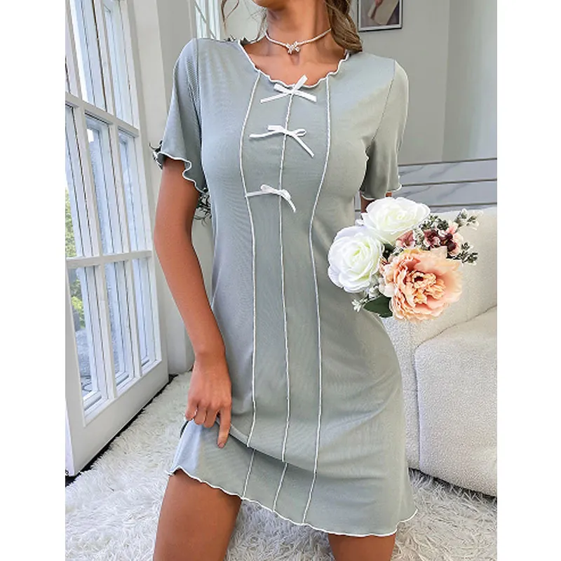 Women Sweet Bow Ribbed Nightdress Casual Summer Short Sleeve Loungewear Lettuce Edge Round Neck Sleepwear Cotton Blend Dress