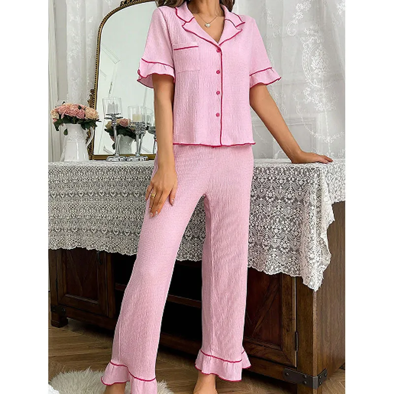 Women Short Sleeve Top And Long Pants Pajamas Seersucker Ruffle Lapel Piping Loungewear Sleepwear Casual Home Wear