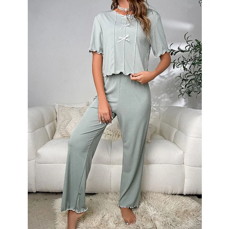 Pyjama Femme Style Occidental Nœud Tricot Nervuré Haut Manches Courtes Et Pantalon Large Long Col Rond Vêtement de Détente