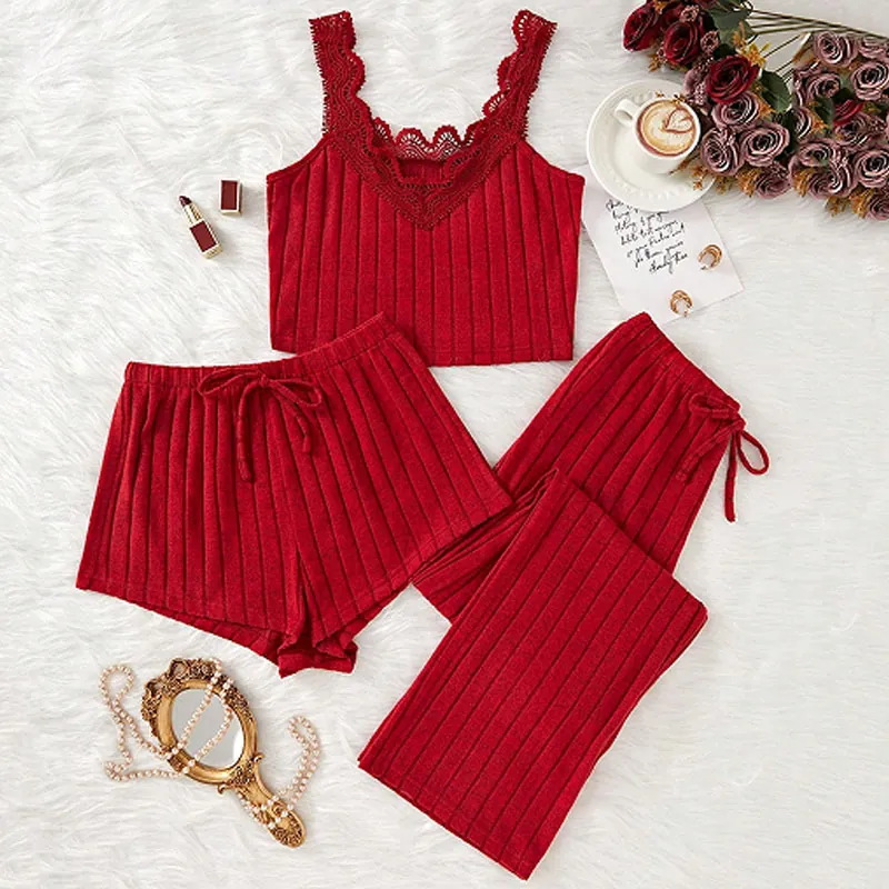 Pyjamas Sexy en Tricot à Côtes Caraco Shorts Et Pantalons pour Femmes Dentelle Col en V Vêtements de Nuit Élégant Rouge