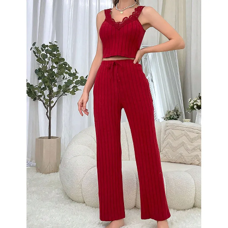 Haut de Pyjama en Maille Côtelée Et Pantalon Large Pour Femmes Dentelle Col en V Sans Manches Tenue de Détente Décontractée