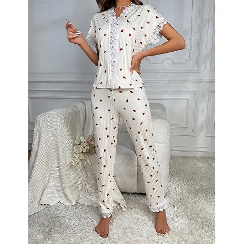 Haut Et Pantalon En Satin Imprimé Cœur Pour Femmes Col En V Manches Courtes Bordure En Dentelle Vêtements De Nuit