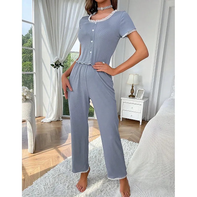 Ensemble Pyjama Doux Pour Femmes Avec Bordure En Dentelle Haut À Manches Courtes Nervuré Et Pantalon Long Homewear