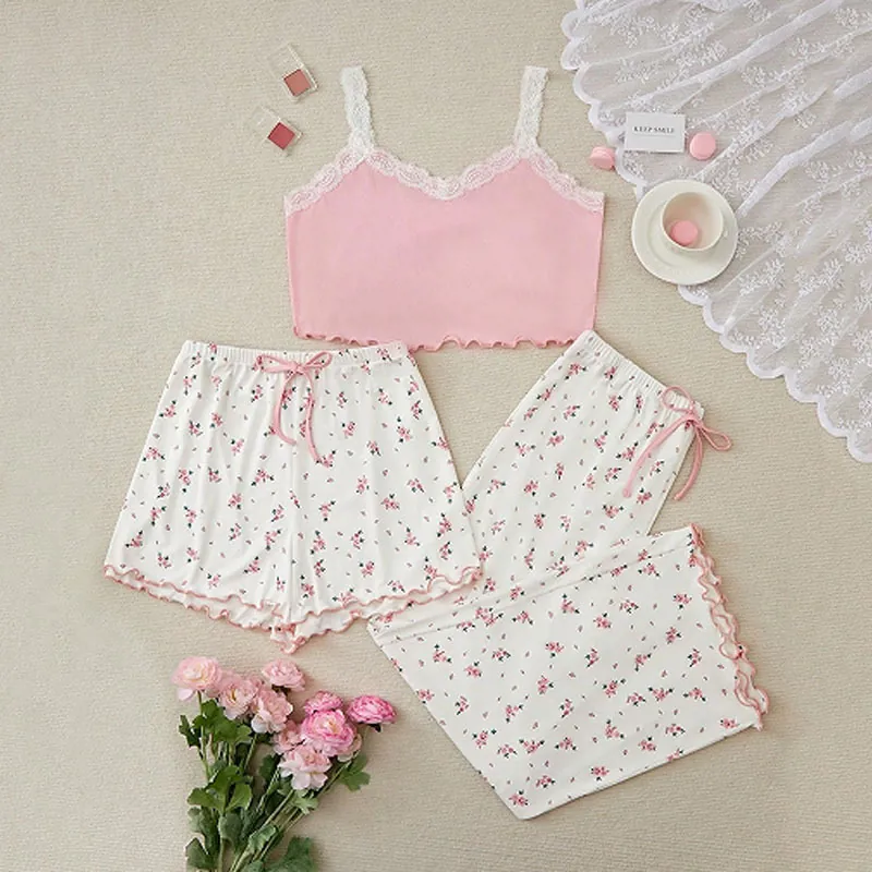 Ensemble de Détente Grandes Tailles Femmes Camisole en Dentelle Contrastée Short et Pantalon Long à Imprimé Floral Pyjama 3 Pièces Top And Bottom
