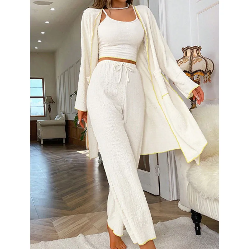 Women Sweet 3-Piece Loungewear Set Contrast Piping Long Sleeve Cardigan Cami Pants Waffle Texture Pajama Set Soft Sleepwear