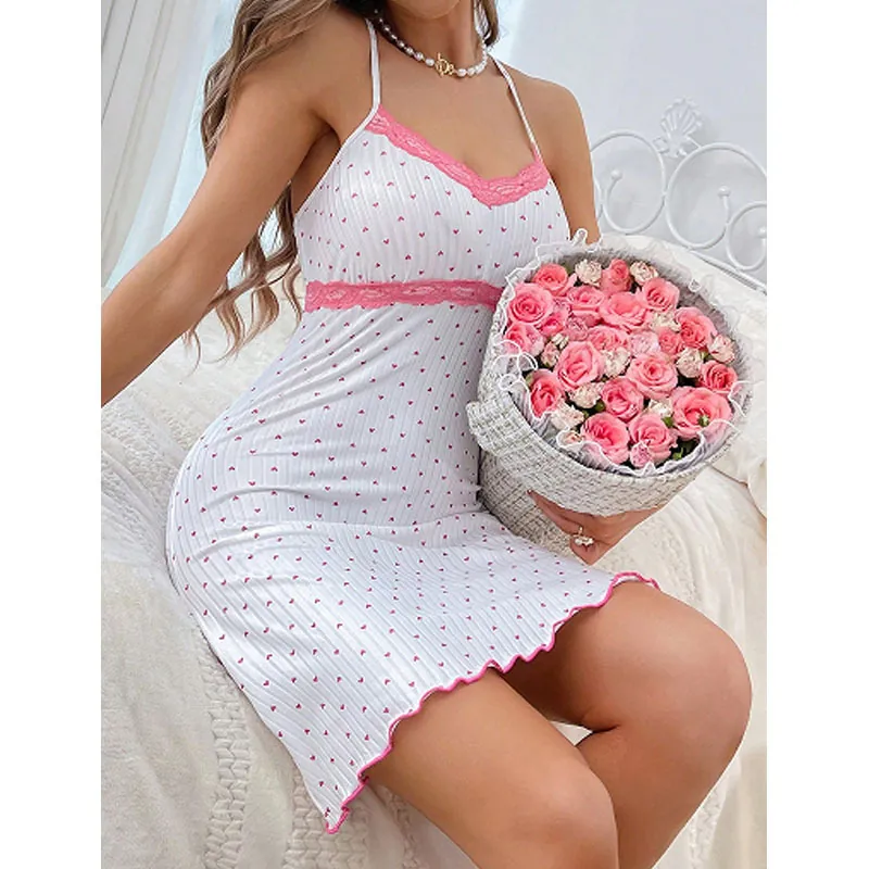 Chemise de Nuit à Bretelles Douce Imprimé Cœur pour Femmes Bordure Dentelle Col en V Vêtements de Nuit Été Mélange Coton