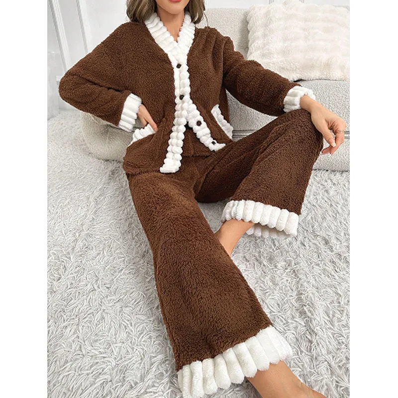 Women Thick Coral Fleece Pajamas Cozy Sherpa Loungewear V-Neck Cardigan Top And Pants Winter Warm Sleepwear