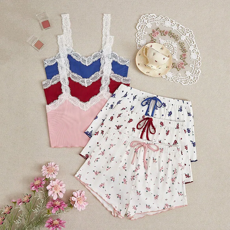 Damen Geripptes Spitzen-Unterhemd Und Blumige Shorts Loungewear Oberteil Und Unterteil Sommer Süß V-Ausschnitt Ärmellos Hausanzug