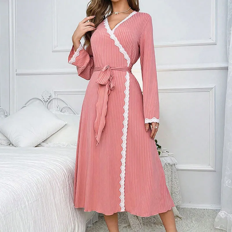 Robe de Nuit Sexy pour Femme Col en V Dentelle Patchwork Nervurée Manches Longues Taille Nouée Pyjama Rose Homewear Printemps Automne