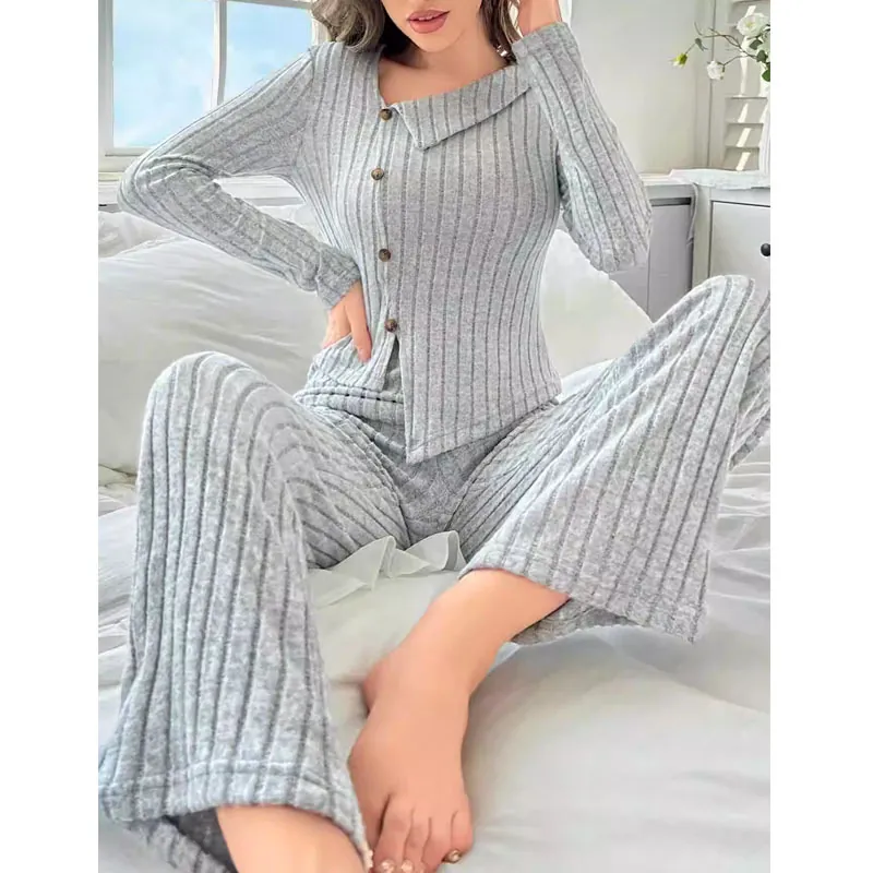 Women Ribbed Knit Pajama Set V Neck Long Sleeve Asymmetric Button Top And Wide Leg Pants Loungewear Homewear Casual Sleepwear