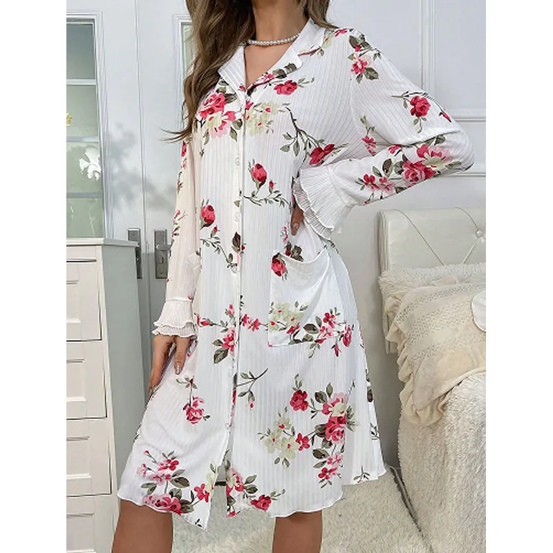 Women's Long Sleeve Floral Nightgown Lapel Button Down Rose Print Sleep Dress With Pockets Ruffle Cuffs Comfortable Homewear