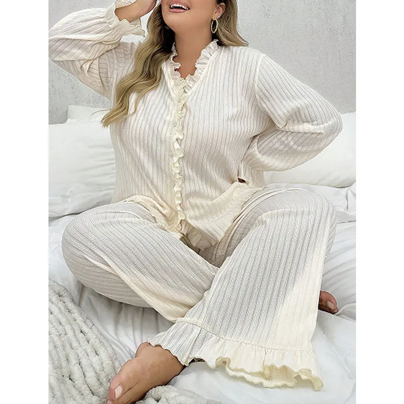 Plus Size Women Ribbed Pajama Top And Pants V Neck Lettuce Trim Long Sleeve Cardigan And Wide Leg Pants Beige Loungewear