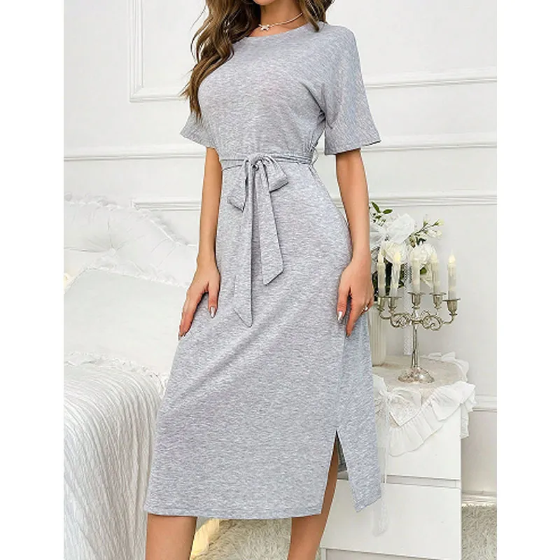 Robe de Détente Décontractée pour Femmes en Mélange de Coton Col Rond Manches Courtes Lien à la Taille Fente Latérale Chemise de Nuit Grise