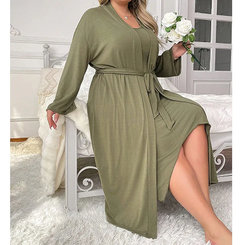 Plus Size Sexy Women Loungewear Army Green Cotton Blend Slip Dress And Long Sleeve Robe With Belt Comfortable Casual Home Sleepwear